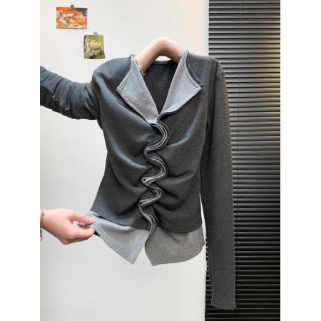 FA49414# 韩版时尚复古撞色拼接假两件设计感修身显瘦褶皱百搭T恤女 服裝批發女裝批發服飾貨源