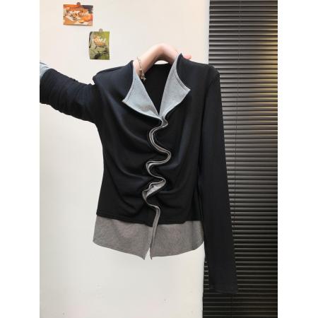 FA49414# 韩版时尚复古撞色拼接假两件设计感修身显瘦褶皱百搭T恤女 服裝批發女裝批發服飾貨源