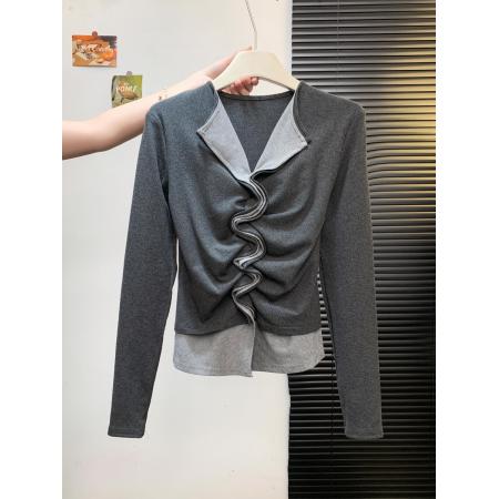 FA49414# 韩版时尚复古撞色拼接假两件设计感修身显瘦褶皱百搭T恤女 服裝批發女裝批發服飾貨源