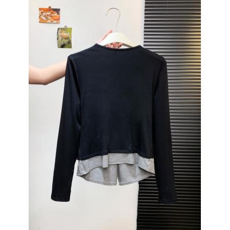 FA49414# 韩版时尚复古撞色拼接假两件设计感修身显瘦褶皱百搭T恤女 服裝批發女裝批發服飾貨源