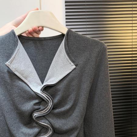 FA49414# 韩版时尚复古撞色拼接假两件设计感修身显瘦褶皱百搭T恤女 服裝批發女裝批發服飾貨源