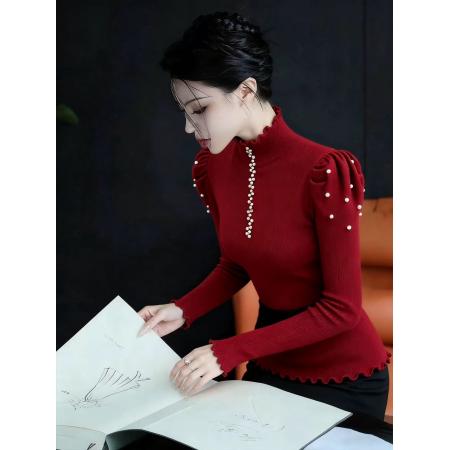 FA49416# 重工钉珠复古红色半高领毛针织衫女秋冬新款修身打底衫 服裝批發女裝批發服飾貨源