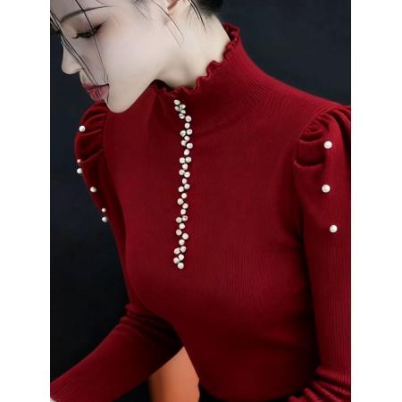 FA49416# 重工钉珠复古红色半高领毛针织衫女秋冬新款修身打底衫 服裝批發女裝批發服飾貨源