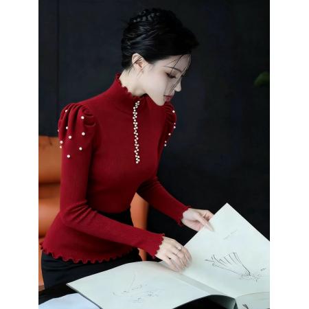 FA49416# 重工钉珠复古红色半高领毛针织衫女秋冬新款修身打底衫 服裝批發女裝批發服飾貨源