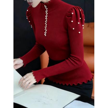 FA49416# 重工钉珠复古红色半高领毛针织衫女秋冬新款修身打底衫 服裝批發女裝批發服飾貨源