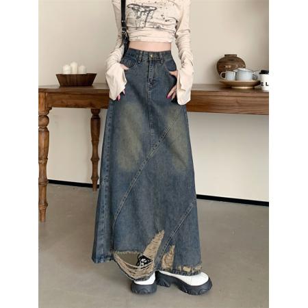 FA49417# 复古破洞牛仔半身裙女秋冬新款高腰显瘦中长款a字裙 服裝批發女裝批發服飾貨源