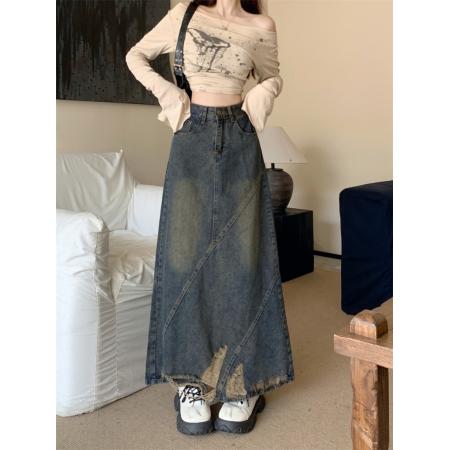 FA49417# 复古破洞牛仔半身裙女秋冬新款高腰显瘦中长款a字裙 服裝批發女裝批發服飾貨源