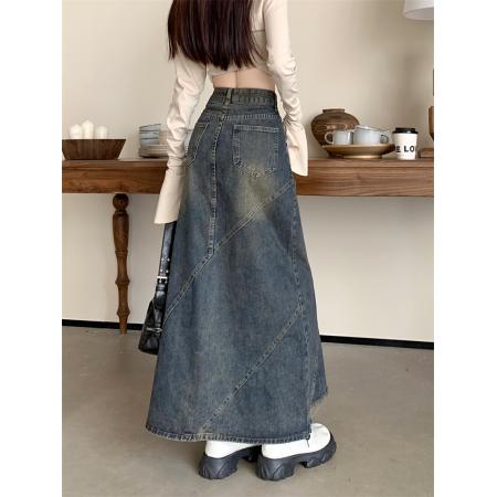 FA49417# 复古破洞牛仔半身裙女秋冬新款高腰显瘦中长款a字裙 服裝批發女裝批發服飾貨源