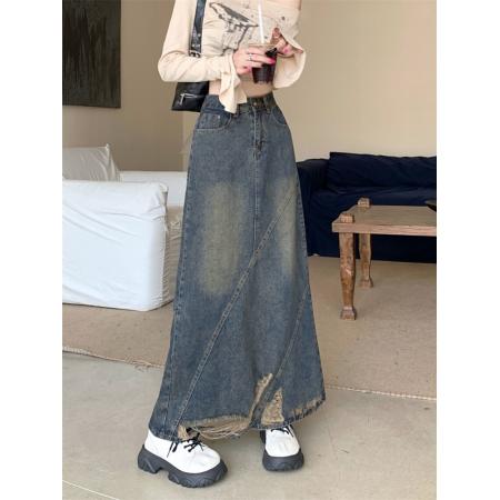 FA49417# 复古破洞牛仔半身裙女秋冬新款高腰显瘦中长款a字裙 服裝批發女裝批發服飾貨源