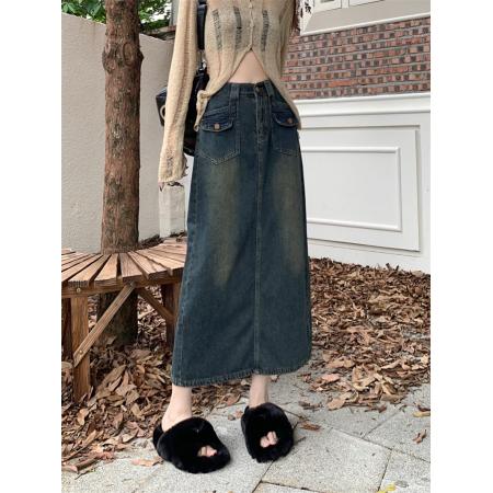 FA49419# 高腰后开叉牛仔半身裙秋冬新款复古小个子显瘦a字包臀裙 服裝批發女裝批發服飾貨源