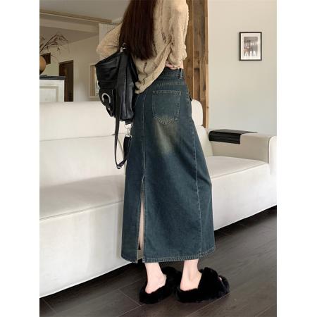 FA49419# 高腰后开叉牛仔半身裙秋冬新款复古小个子显瘦a字包臀裙 服裝批發女裝批發服飾貨源