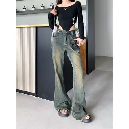 FA49420# 微喇叭牛仔裤女高腰秋冬新款复古显瘦弹力直筒宽松拖地长裤 服裝批發女裝批發服飾貨源