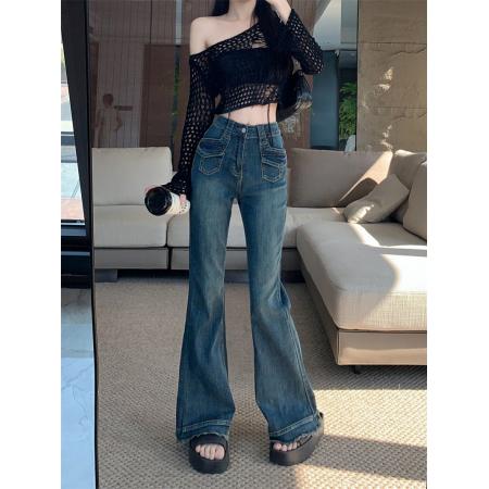 FA49421# 微喇叭牛仔裤女秋冬新款复古高腰显瘦小个子爆款裤子 服裝批發女裝批發服飾貨源