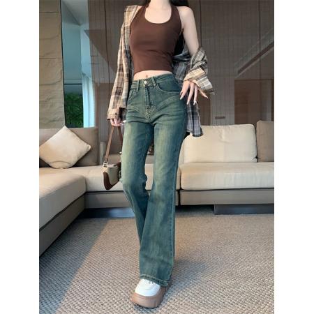 FA49422# 辣妹复古显瘦牛仔裤女秋冬小众长裤微喇叭裤直筒裤拖地裤子 服裝批發女裝批發服飾貨源