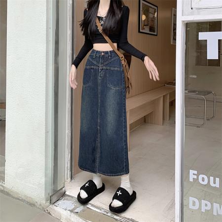 FA49423# 复古开叉牛仔半身裙女春秋新款a字高腰遮胯梨型身材中长裙子 服裝批發女裝批發服飾貨源