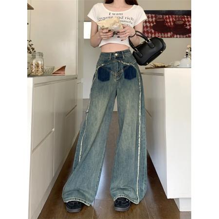 FA49425# 秋季新款复古浅色直筒牛仔裤女宽松垂感小个子高腰阔腿拖地裤 服裝批發女裝批發服飾貨源