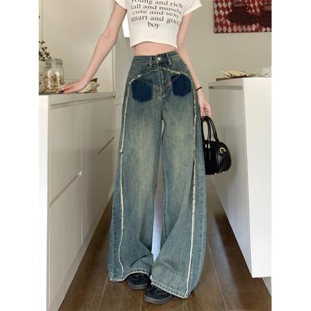 FA49425# 秋季新款复古浅色直筒牛仔裤女宽松垂感小个子高腰阔腿拖地裤 服裝批發女裝批發服飾貨源