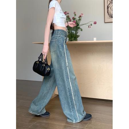 FA49425# 秋季新款复古浅色直筒牛仔裤女宽松垂感小个子高腰阔腿拖地裤 服裝批發女裝批發服飾貨源