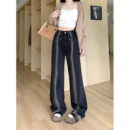 FA49427# 复古阔腿牛仔裤女加厚小个子百搭高腰显瘦宽松垂感拖地长裤 服裝批發女裝批發服飾貨源