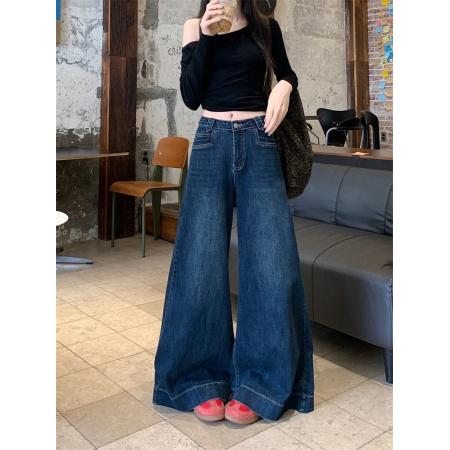 复古蓝微喇牛仔裤女秋季新款大码...