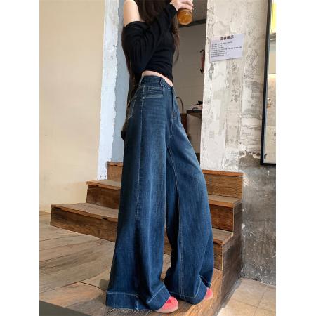 FA49432# 复古蓝微喇牛仔裤女秋季新款大码胖mm高腰宽松显瘦喇叭阔腿裤 服裝批發女裝批發服飾貨源