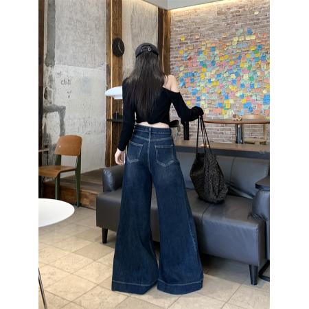 FA49432# 复古蓝微喇牛仔裤女秋季新款大码胖mm高腰宽松显瘦喇叭阔腿裤 服裝批發女裝批發服飾貨源