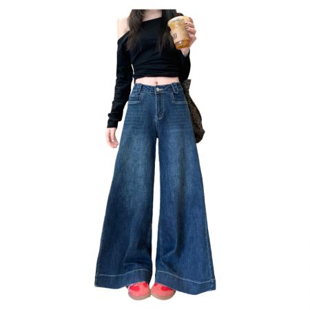 FA49432# 复古蓝微喇牛仔裤女秋季新款大码胖mm高腰宽松显瘦喇叭阔腿裤 服裝批發女裝批發服飾貨源