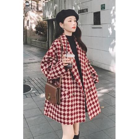 韩版宽松格子西装毛呢外套女加厚学生冬季新款小个子显瘦呢子大衣 服裝批發女裝批發服飾貨源
