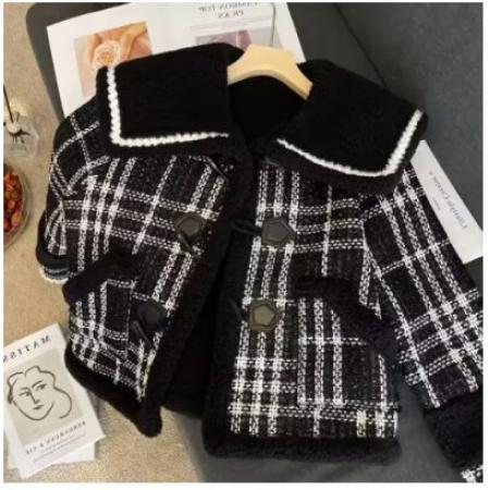 FA49436# 黑色格子加绒加厚小香风外套女冬季宽松海军领小个子上衣 服裝批發女裝批發服飾貨源