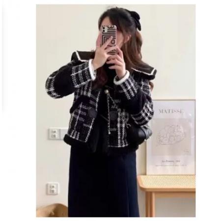 FA49436# 黑色格子加绒加厚小香风外套女冬季宽松海军领小个子上衣 服裝批發女裝批發服飾貨源