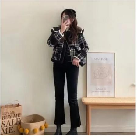 FA49436# 黑色格子加绒加厚小香风外套女冬季宽松海军领小个子上衣 服裝批發女裝批發服飾貨源
