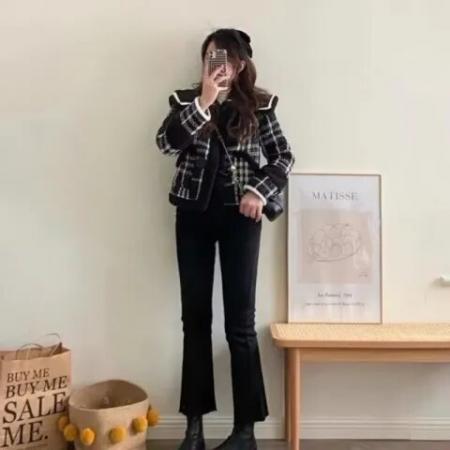 FA49436# 黑色格子加绒加厚小香风外套女冬季宽松海军领小个子上衣 服裝批發女裝批發服飾貨源
