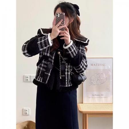 FA49436# 黑色格子加绒加厚小香风外套女冬季宽松海军领小个子上衣 服裝批發女裝批發服飾貨源
