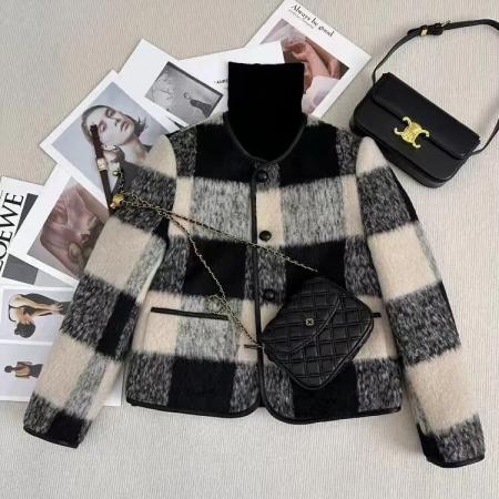 FA49437# 内里充绒加厚短款小香风外套女秋冬季新款格子毛呢羽绒服上衣 服裝批發女裝批發服飾貨源