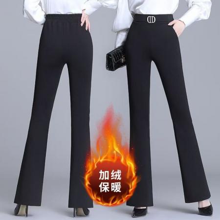 FA49440# 秋冬新款黑色微喇西装裤女松紧腰垂感大码梨形身材女士喇叭裤 服裝批發女裝批發服飾貨源