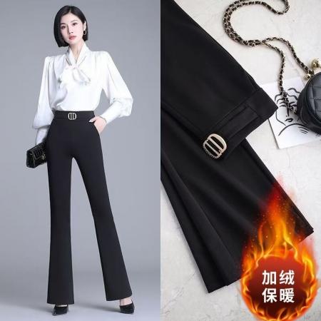 FA49440# 秋冬新款黑色微喇西装裤女松紧腰垂感大码梨形身材女士喇叭裤 服裝批發女裝批發服飾貨源