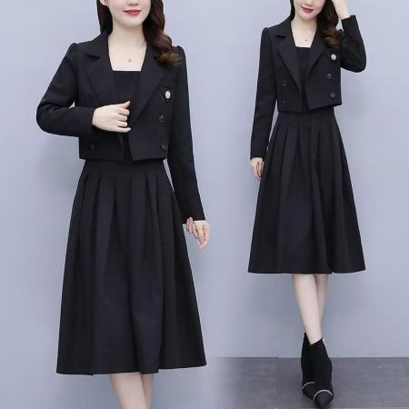 FA49441# 胖mm大码女装连衣裙秋季新款遮肉法式西装套装吊带裙子两件套 服裝批發女裝批發服飾貨源