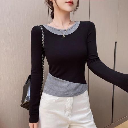 FA49444# 撞色圆领黑色长袖内搭T恤女秋冬季新款假两件打底衫修身上衣 服裝批發女裝批發服飾貨源