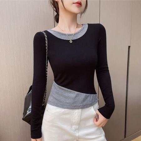FA49444# 撞色圆领黑色长袖内搭T恤女秋冬季新款假两件打底衫修身上衣 服裝批發女裝批發服飾貨源