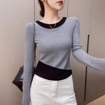 FA49444# 撞色圆领黑色长袖内搭T恤女秋冬季新款假两件打底衫修身上衣 服裝批發女裝批發服飾貨源