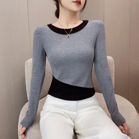 FA49444# 撞色圆领黑色长袖内搭T恤女秋冬季新款假两件打底衫修身上衣 服裝批發女裝批發服飾貨源