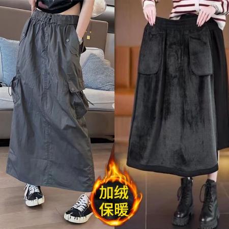 韩版复古大码工装裙女冬季加绒加厚设计感高腰中长款半身裙潮 服裝批發女裝批發服飾貨源