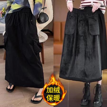 韩版复古大码工装裙女冬季加绒加厚设计感高腰中长款半身裙潮 服裝批發女裝批發服飾貨源