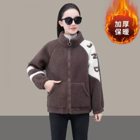 FA49447# 冬季新款加绒加厚羊羔绒棉衣外套女秋冬高档洋气高领字母刺绣棉服 服裝批發女裝批發服飾貨源