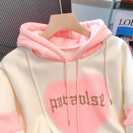 FA49448# 美式潮牌oversize爱心撞色连帽卫衣女秋冬季高级感重磅加绒厚外套 服裝批發女裝批發服飾貨源