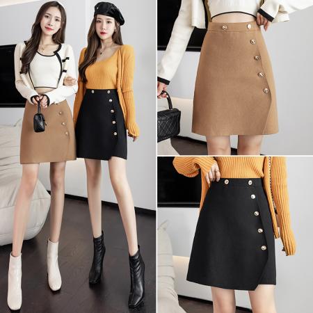 灯芯绒毛织包臀裙女冬季韩版高腰纯色假扣a字短裙半身裙 服裝批發女裝批發服飾貨源