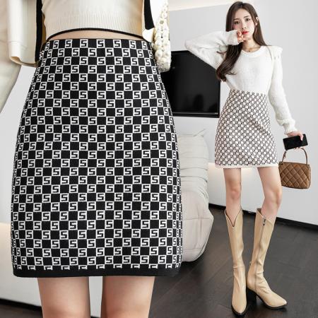 灯芯毛织马赛克格子半身裙女冬季韩版高腰弹力a字中短裙 服裝批發女裝批發服飾貨源