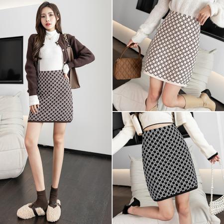 灯芯毛织马赛克格子半身裙女冬季韩版高腰弹力a字中短裙 服裝批發女裝批發服飾貨源