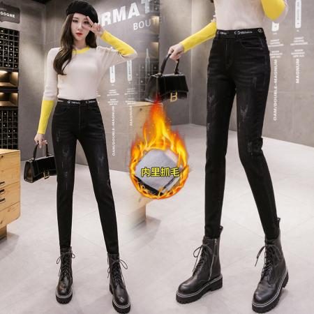 黑灰抓毛牛仔小脚裤女冬季韩版保...
