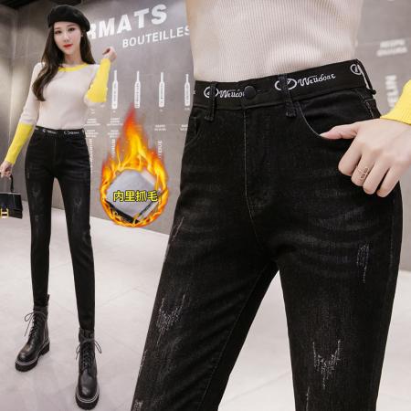 黑灰抓毛牛仔小脚裤女冬季韩版保暖弹力修身高腰直筒长裤 服裝批發女裝批發服飾貨源